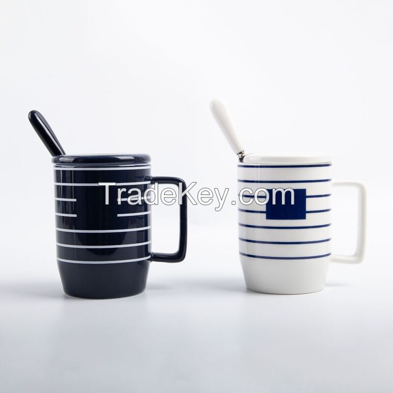 13 oz. Stripe Ceramic Mug With Lid And Spoon