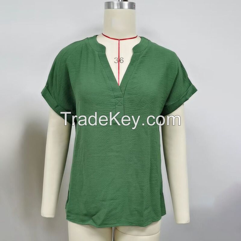 Women&amp;#039;s Solid Color V Neck Loose Chiffon Shirt
