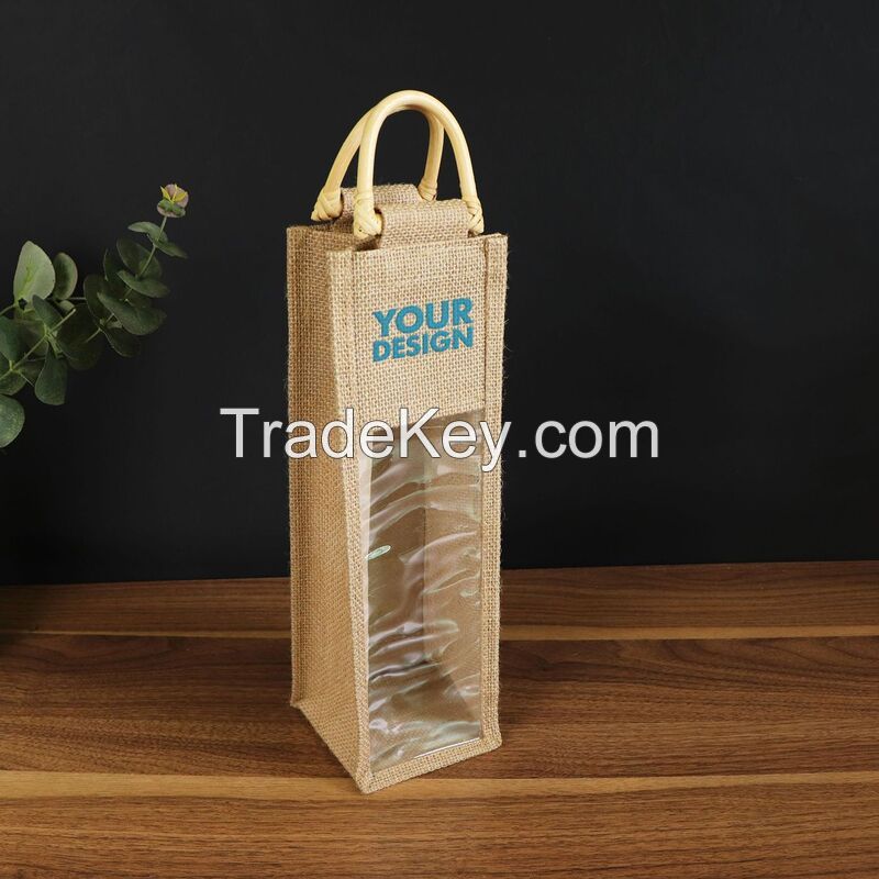 Clear Window Jute Wine Bag For Single Bottle