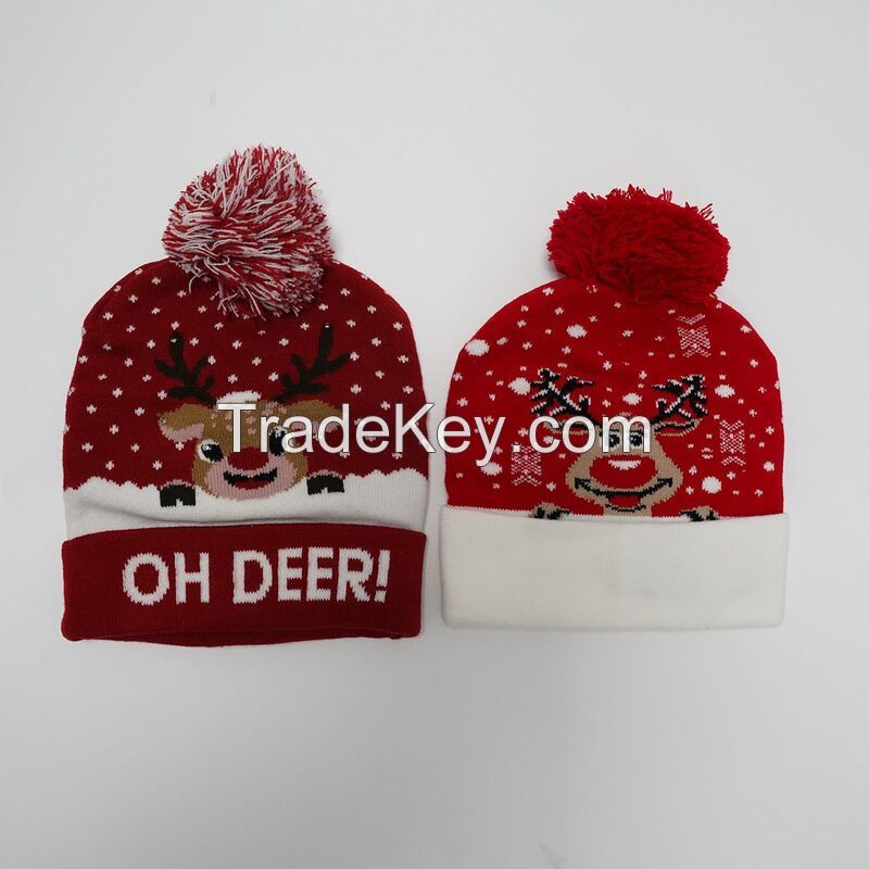 Led Light Deer Beanie With Pom