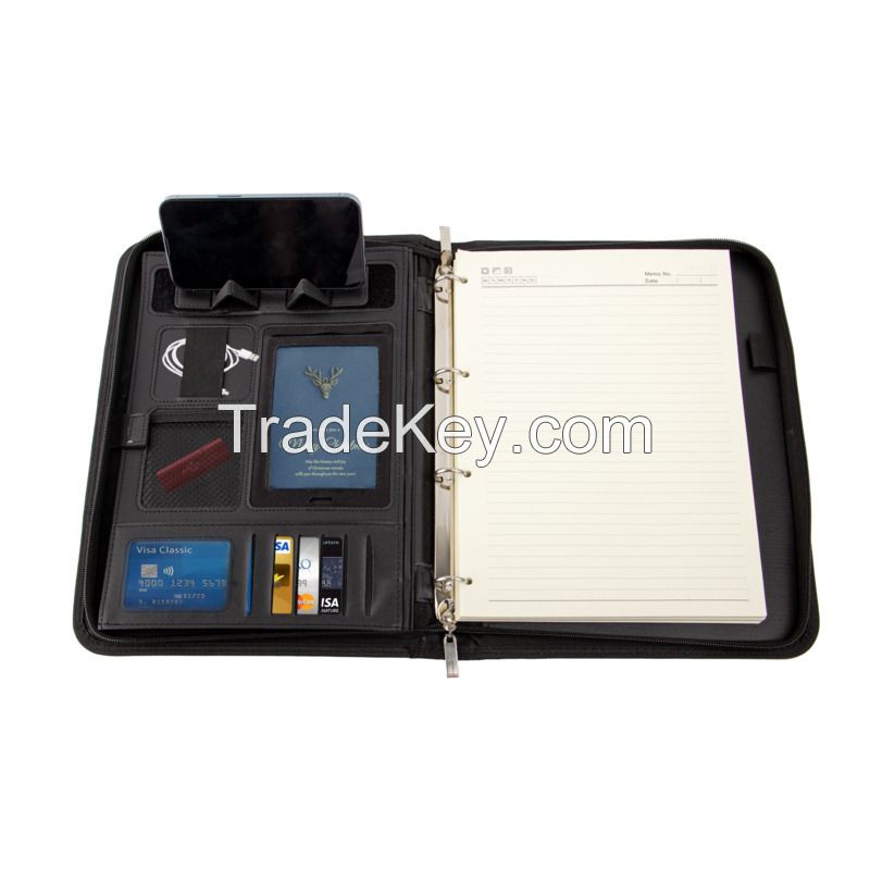 A4 PU Leather Zippered Padfolio With Handle