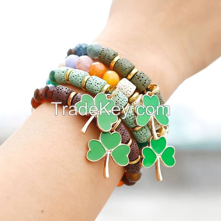 Volcanic Stone Beaded Bracelet With Leaf Clover