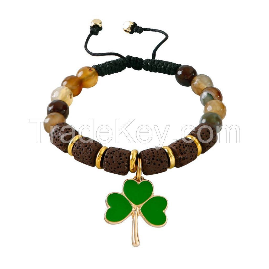 Volcanic Stone Beaded Bracelet With Leaf Clover