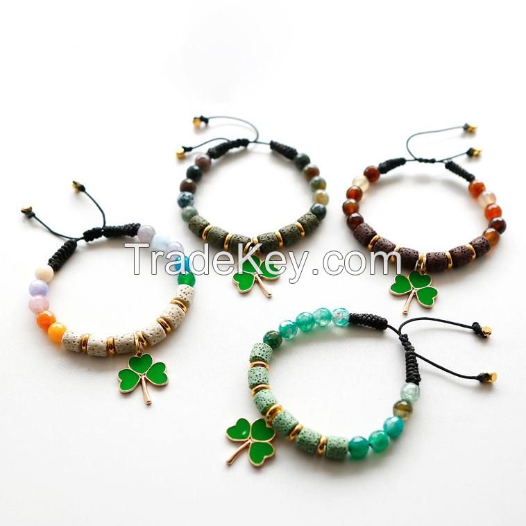 Volcanic Stone Beaded Bracelet With Leaf Clover