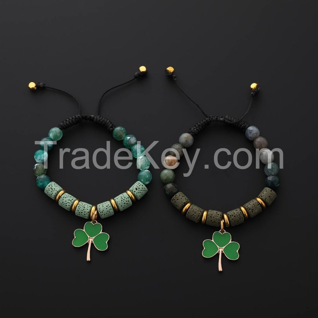 Volcanic Stone Beaded Bracelet With Leaf Clover