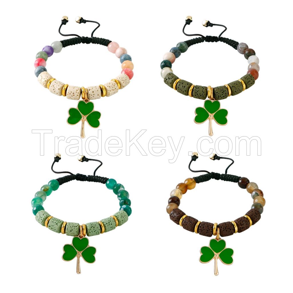 Volcanic Stone Beaded Bracelet With Leaf Clover