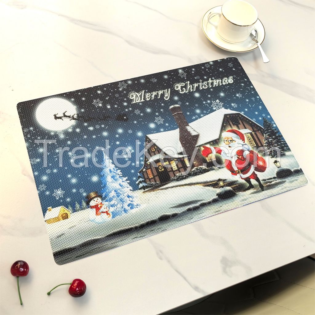 2 PCS Christmas Placemats, Table Mats for Dining Kitchen Table, Vinyl Non-Slip Washable PVC Heat Resistant Woven Place Mats