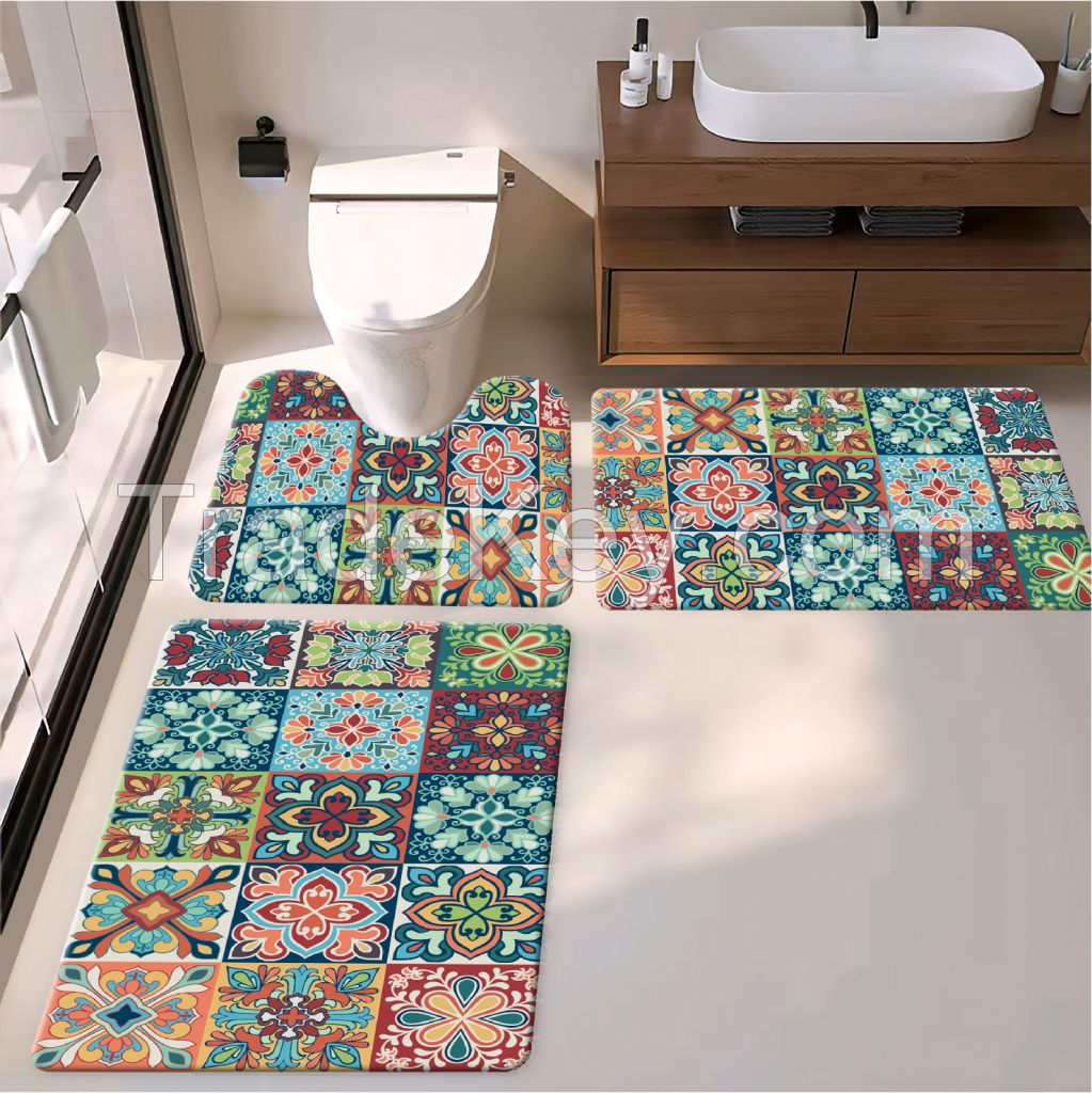 Bohemian bath toiet Mat PU Leather Wear Resistance Bathroom Floor Mat No Stains Quick Drying Rubber Non-Slip Shower Mat 