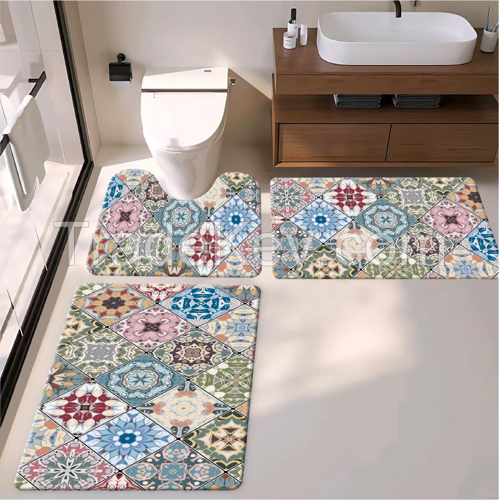 Bohemian bath toiet Mat PU Leather Wear Resistance Bathroom Floor Mat No Stains Quick Drying Rubber Non-Slip Shower Mat 