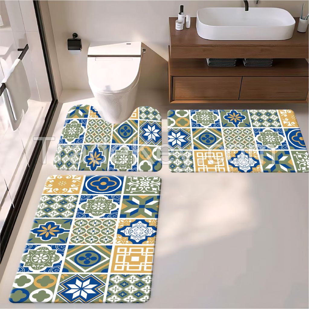 Bohemian bath toiet Mat PU Leather Wear Resistance Bathroom Floor Mat No Stains Quick Drying Rubber Non-Slip Shower Mat 