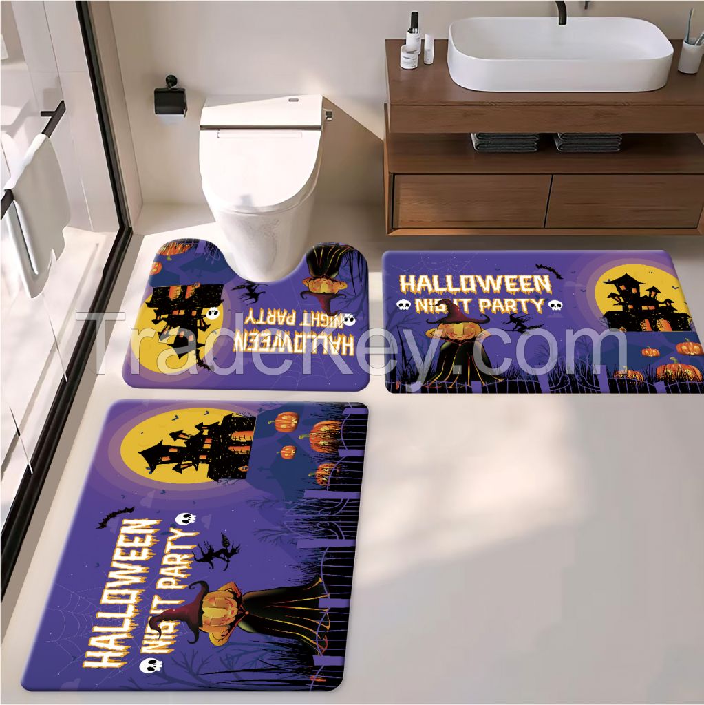 Halloween Home Deco  Bath Toiet Mat Pu Leather Wear Resistance Bathroom Floor Mat No Stains Quick Drying Rubber Non-slip Shower Mat 