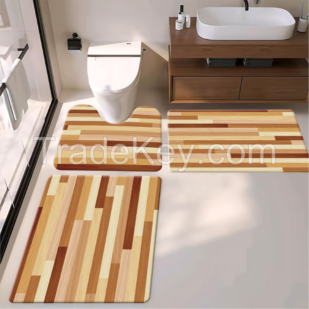 3pcs wooden floor style bath toiet Mat PU Leather Wear Resistance Bathroom Floor Mat No Stains Quick Drying Rubber Non-Slip Shower Mat 