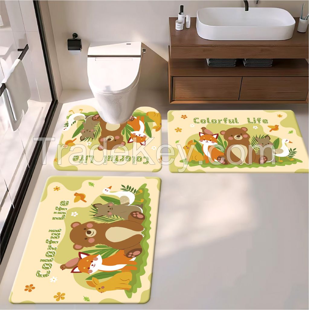 cute cartoon animal  style bath toiet Mat PU Leather Wear Resistance Bathroom Floor Mat No Stains Quick Drying Rubber Non-Slip Shower Mat 