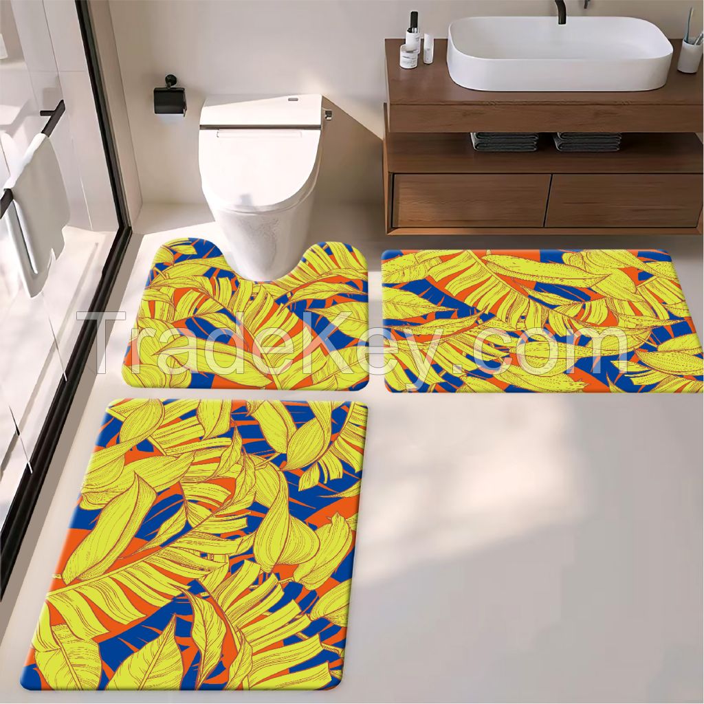 flower and sunset  bath toiet Mat PU Leather Wear Resistance Bathroom Floor Mat No Stains Quick Drying Rubber Non-Slip Shower Mat 