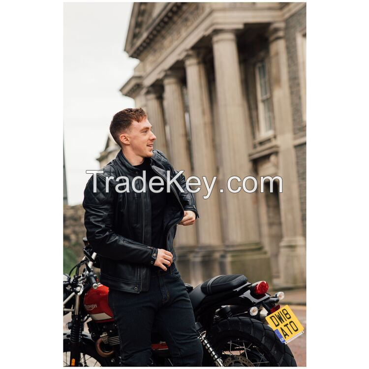 Premium Motorcycle Leather Jacket, Black, Quilted Design, Multiple Zippers, Stand Collar, Performance Riding Gear
