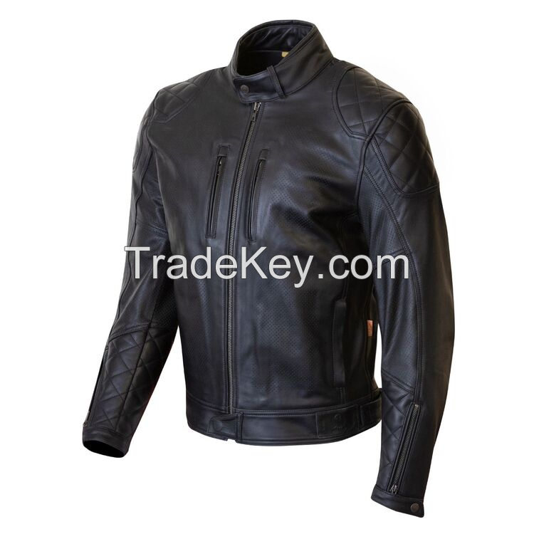 Premium Motorcycle Leather Jacket, Black, Quilted Design, Multiple Zippers, Stand Collar, Performance Riding Gear