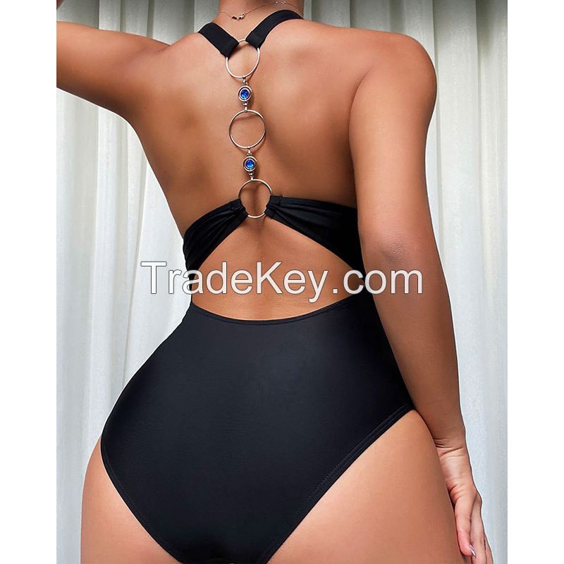 solid swimwear beachwear sexy custom Fashion jewelry trims women's swimsuit for swimming deep V neck 1 piece swimsuit