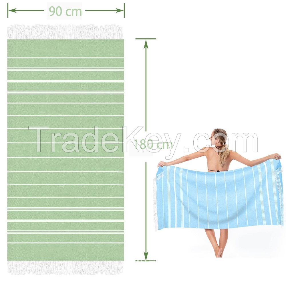 Custom cotton woven sand free Turkish multi color striped soft fouta beach towel with tassels