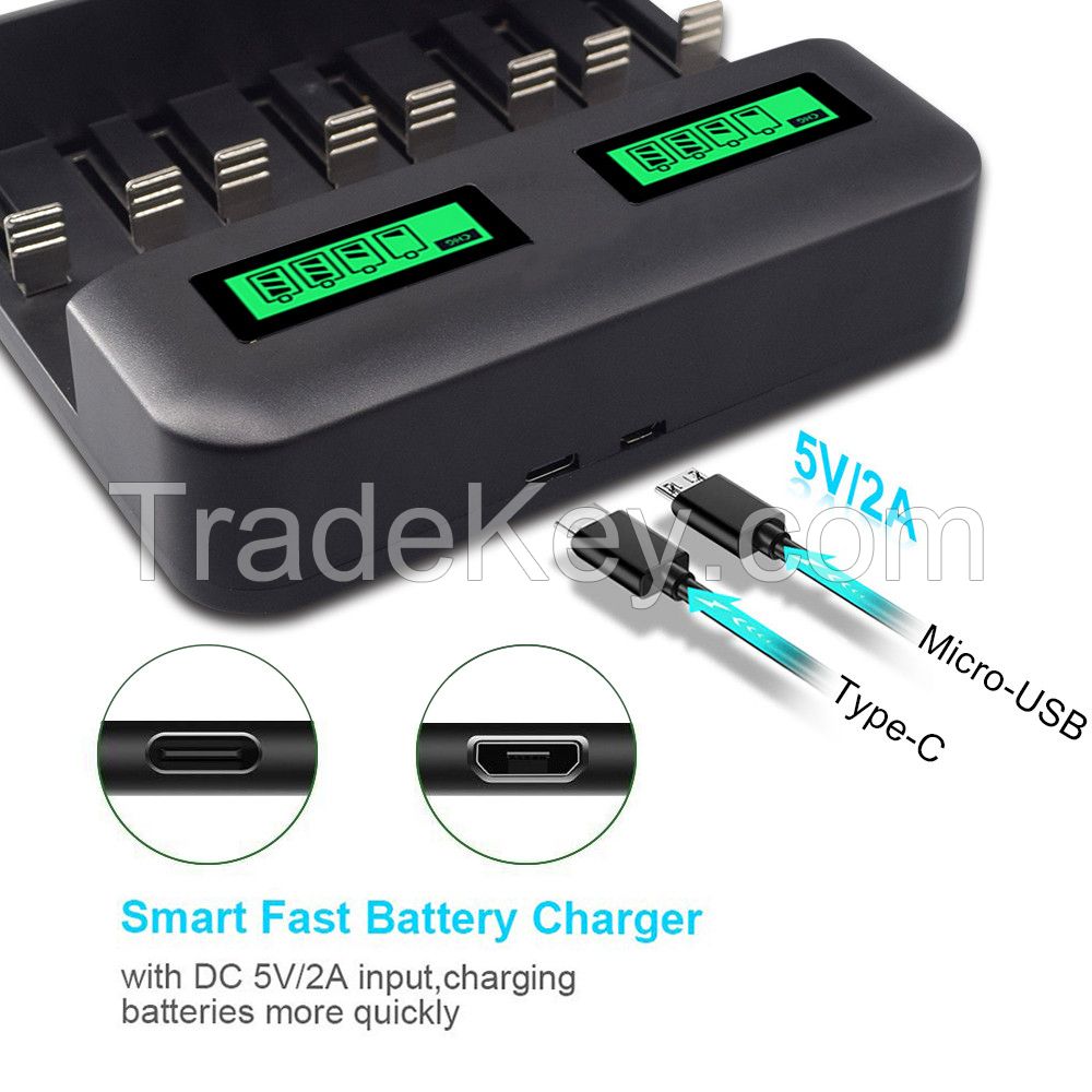 Fast Battery Charger LCD Universal 8 Bay AA/ AAA/C/D size fast USB chargers for Rechargeable Ni-MH Batteries