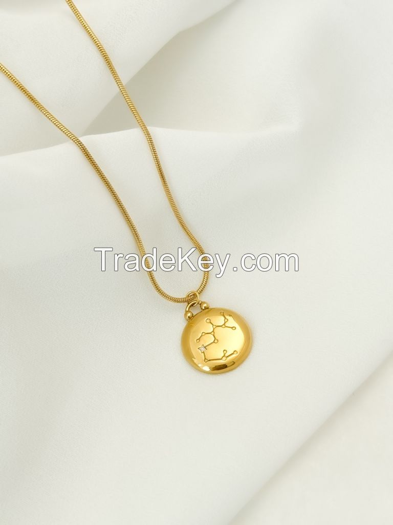 Enamel Zodiac Constellation Double Sided Pendant Necklace Stainless Steel Jewelry