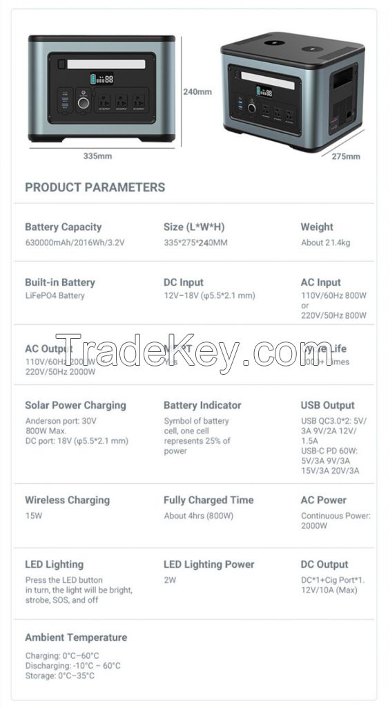 LiFePO4 Battery Powerstation 2KW Portable Power Station 2000W Supports AC Fast Recharging