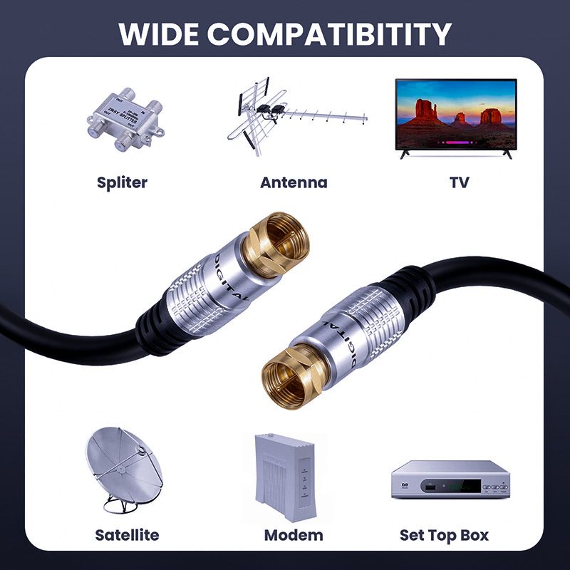 F-Type Male-Male Video Cable for Satellite Receiver, F-Type RF Cable, F-Type (Imperial) for Set-Top Box Antenna and Cable TV