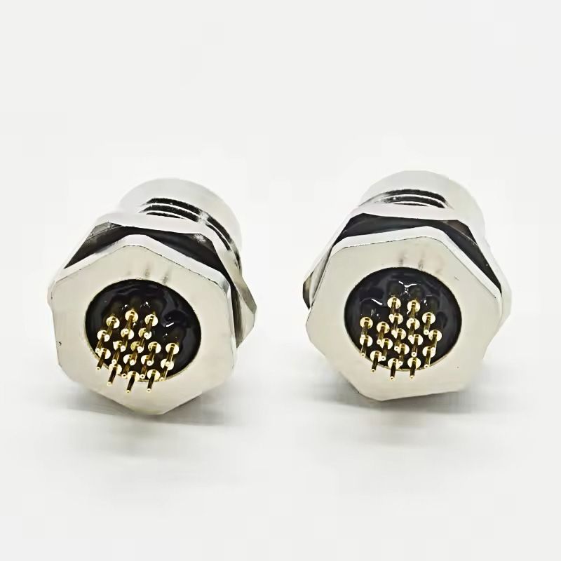 M12 A-Code Female 17-Pin Dip-Soldering IP67 Panel Mount PCB Connector