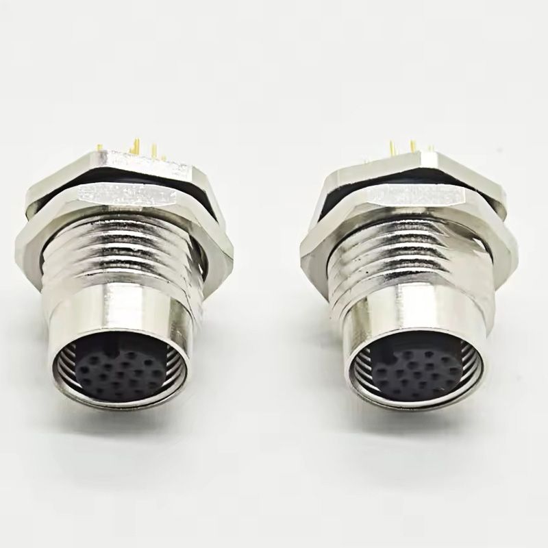 M12 A-Code Female 17-Pin Dip-Soldering IP67 Panel Mount PCB Connector