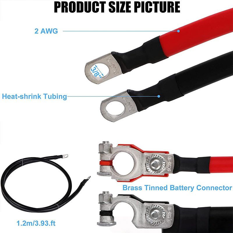 2 AWG Battery Cable Connection, RV Automotive Marine Pure Copper Tinned Terminal Power Inverter Wire Set