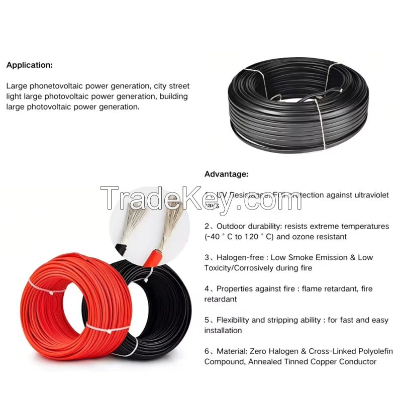 DC1000V PV1-F Tinned Copper Conductor 1*4mm 1*6mm Black and Red Color Solar Cable XLPO Insulation for Solar Panel