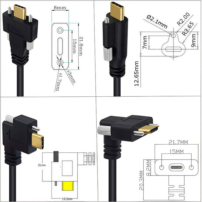 Audio-Video Cable with Dual Ears and Fixing Screws, 3.1 Type-C Male, Cable for Computer Hard Drives, Mobile Phones and Laptops, 5A, 4K 60HZ 