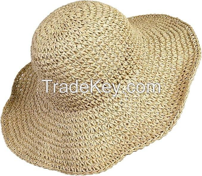 Women Straw Hat Wide Brim Beach Sun Cap Foldable Large Lady Floppy 100% Natural Paper Braided for Travel Decoration Summer Vacation Soft Lightweight and Breathable (Beige)