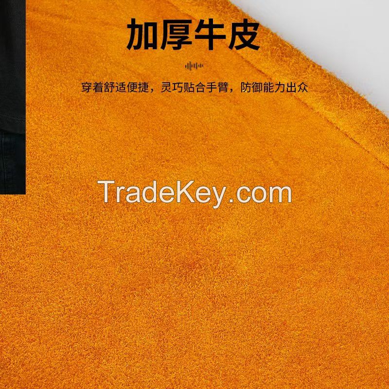 Welding Cowhide Sleeve Protectors, Welder's Arm Guards. These welding sleeve protectors are designed for welding work, providing protection against heat, featuring flame retardancy, and safeguarding the arms from sparks. They are labor protection arm