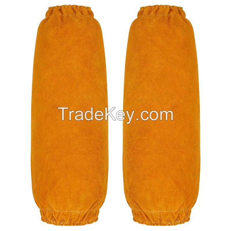 Welding Cowhide Sleeve Protectors, Welder's Arm Guards. These welding sleeve protectors are designed for welding work, providing protection against heat, featuring flame retardancy, and safeguarding the arms from sparks. They are labor protection arm