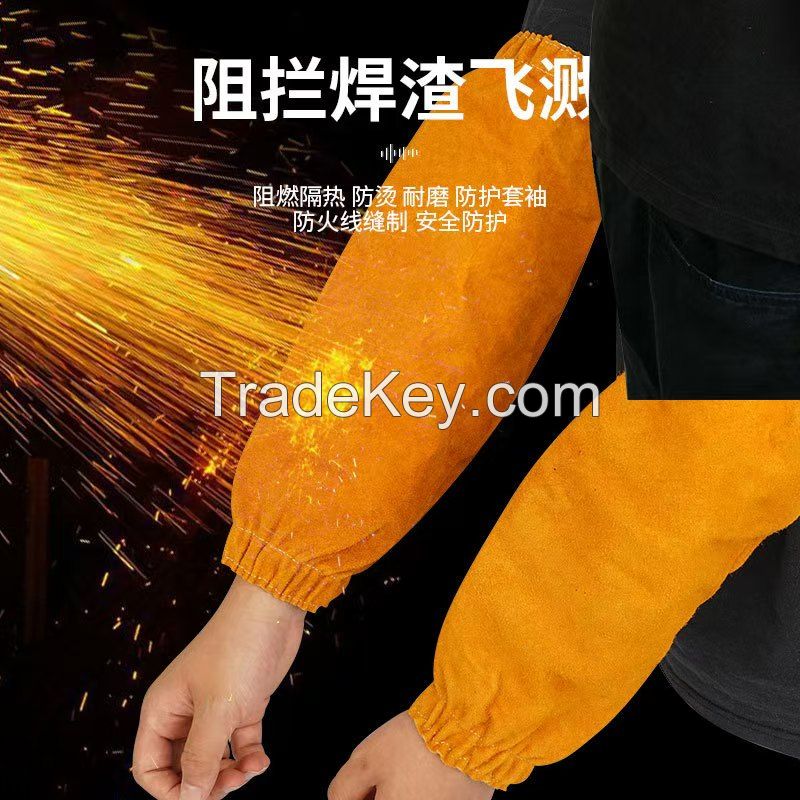 Welding Cowhide Sleeve Protectors, Welder's Arm Guards. These welding sleeve protectors are designed for welding work, providing protection against heat, featuring flame retardancy, and safeguarding the arms from sparks. They are labor protection arm