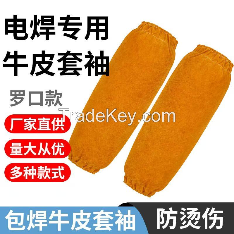 Welding Cowhide Sleeve Protectors, Welder's Arm Guards. These welding sleeve protectors are designed for welding work, providing protection against heat, featuring flame retardancy, and safeguarding the arms from sparks. They are labor protection arm