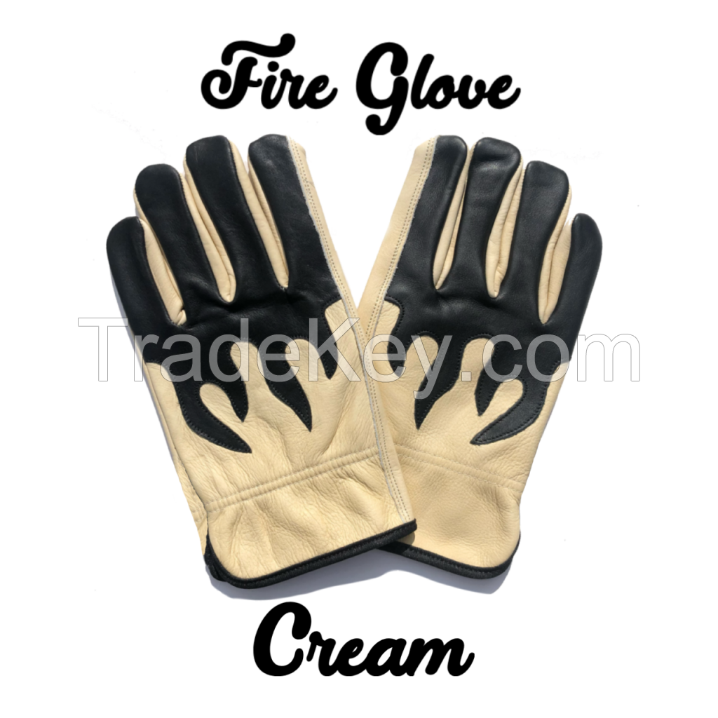 Leather Gloves Fire Glove Cream and Premium Flame Design Leather Gloves