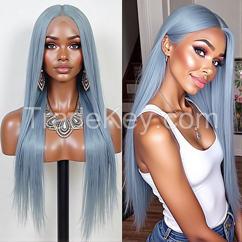  Luxurious Silver Gray Straight Wig, Extra Long Length, Heat Resistant Synthetic Hair, Center Part
