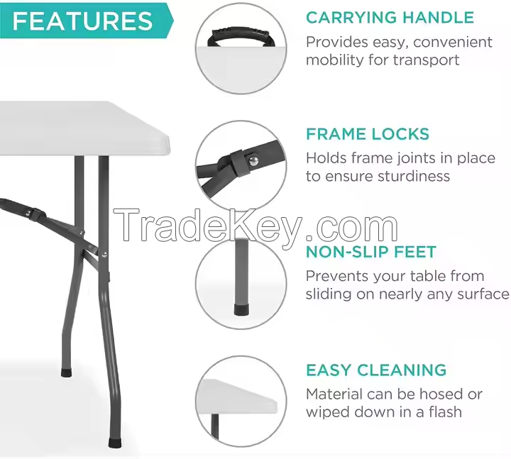 Cheap Price Banquet Party Dining Furniture Portable Durable HDPE Rectangle White Plastic Metal Leg Folding Tables for Wedding