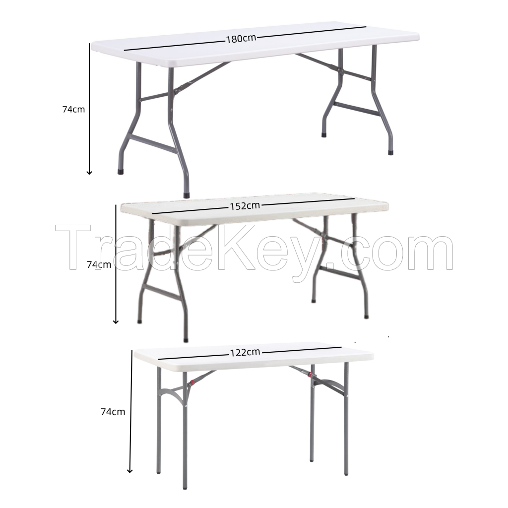 Cheap Price Banquet Party Dining Furniture Portable Durable HDPE Rectangle White Plastic Metal Leg Folding Tables for Wedding