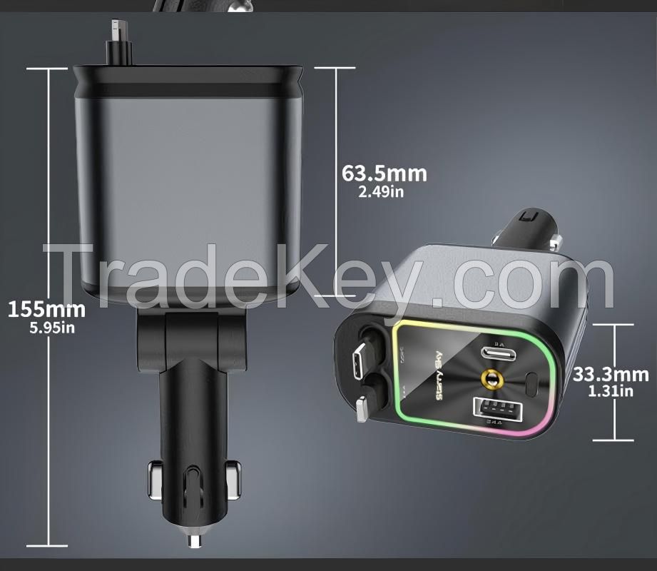 4in1 Retractable Car Charger with USB Roof Star Type-C Cable for iPhone Fast Charging Cigarette Lighter Adapter Starlight Phone