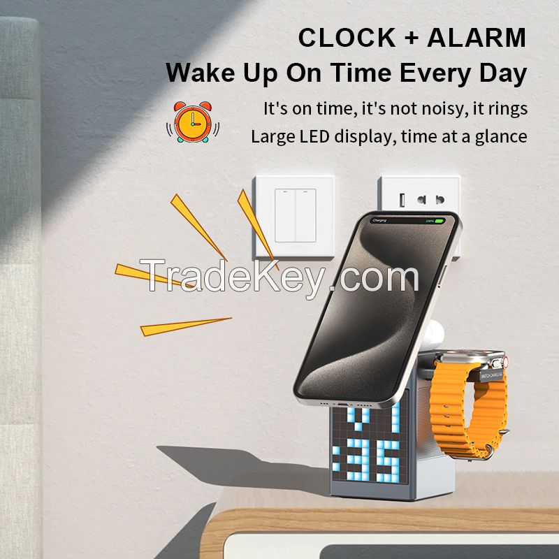 with Bluetooth Speaker Alarm Clock 6 in 1 Magnetic Multi-function Wireless Charger for Iphone 16 15 Pro Max for Airpods Iwatch