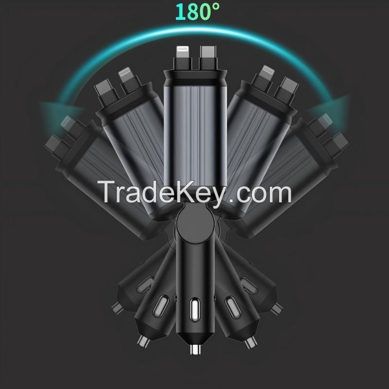 4in1 Retractable Car Charger with USB Roof Star Type-C Cable for iPhone Fast Charging Cigarette Lighter Adapter Starlight Phone
