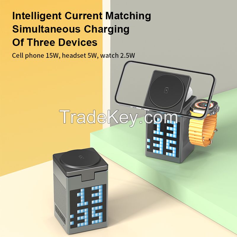 with Bluetooth Speaker Alarm Clock 6 in 1 Magnetic Multi-function Wireless Charger for Iphone 16 15 Pro Max for Airpods Iwatch