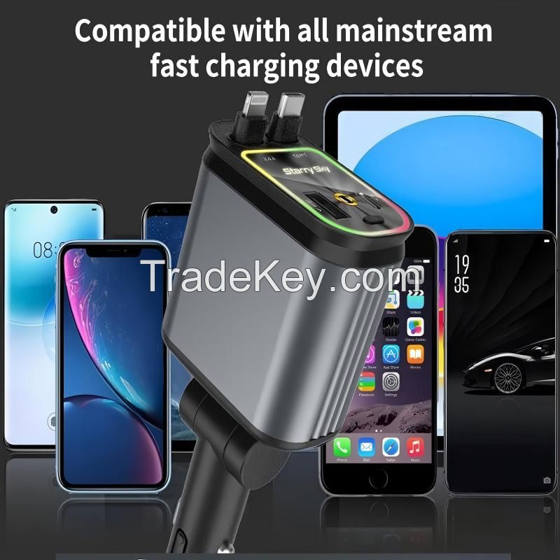 4in1 Retractable Car Charger with USB Roof Star Type-C Cable for iPhone Fast Charging Cigarette Lighter Adapter Starlight Phone