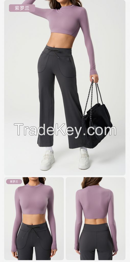 Women's Yoga Tops Long Sleeve Fitness Shirts, Cropped Workout Tee for Summer, Ab Revealing Sports Bra