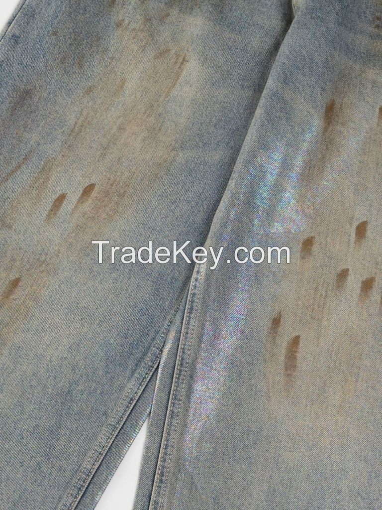 High-Quality Iridescent Coated Jeans  Unisex Straight Leg Spring Style