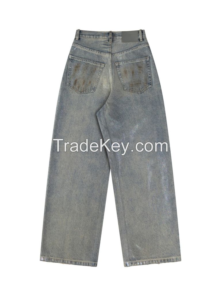 High-Quality Iridescent Coated Jeans  Unisex Straight Leg Spring Style