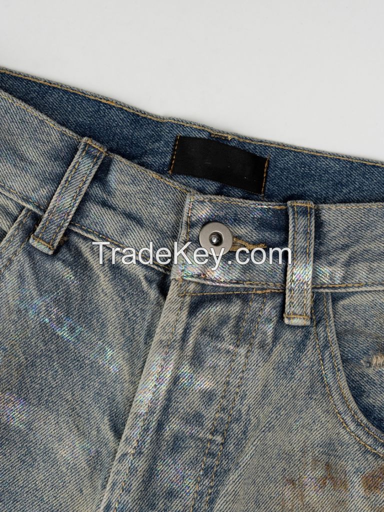 High-Quality Iridescent Coated Jeans  Unisex Straight Leg Spring Style