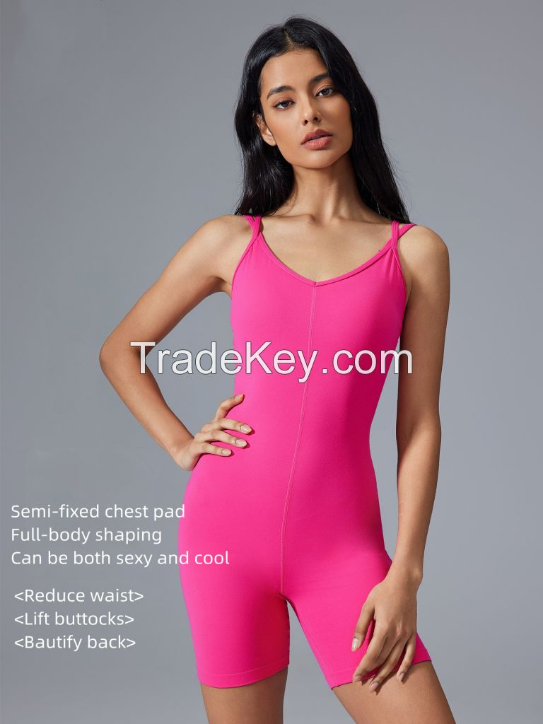 Strappy Yoga Bodysuit - Sexy V-Neck with Padded Bra & Backless Design - Women's Workout Shorts Romper D25107
